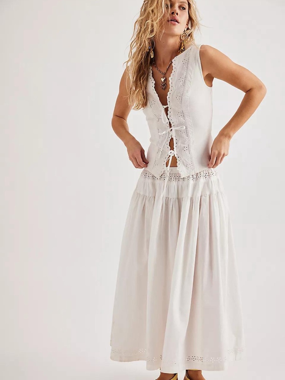Free People Gesibelle Eyelet Lace Tie Front Vest & Maxi Skirt Set White